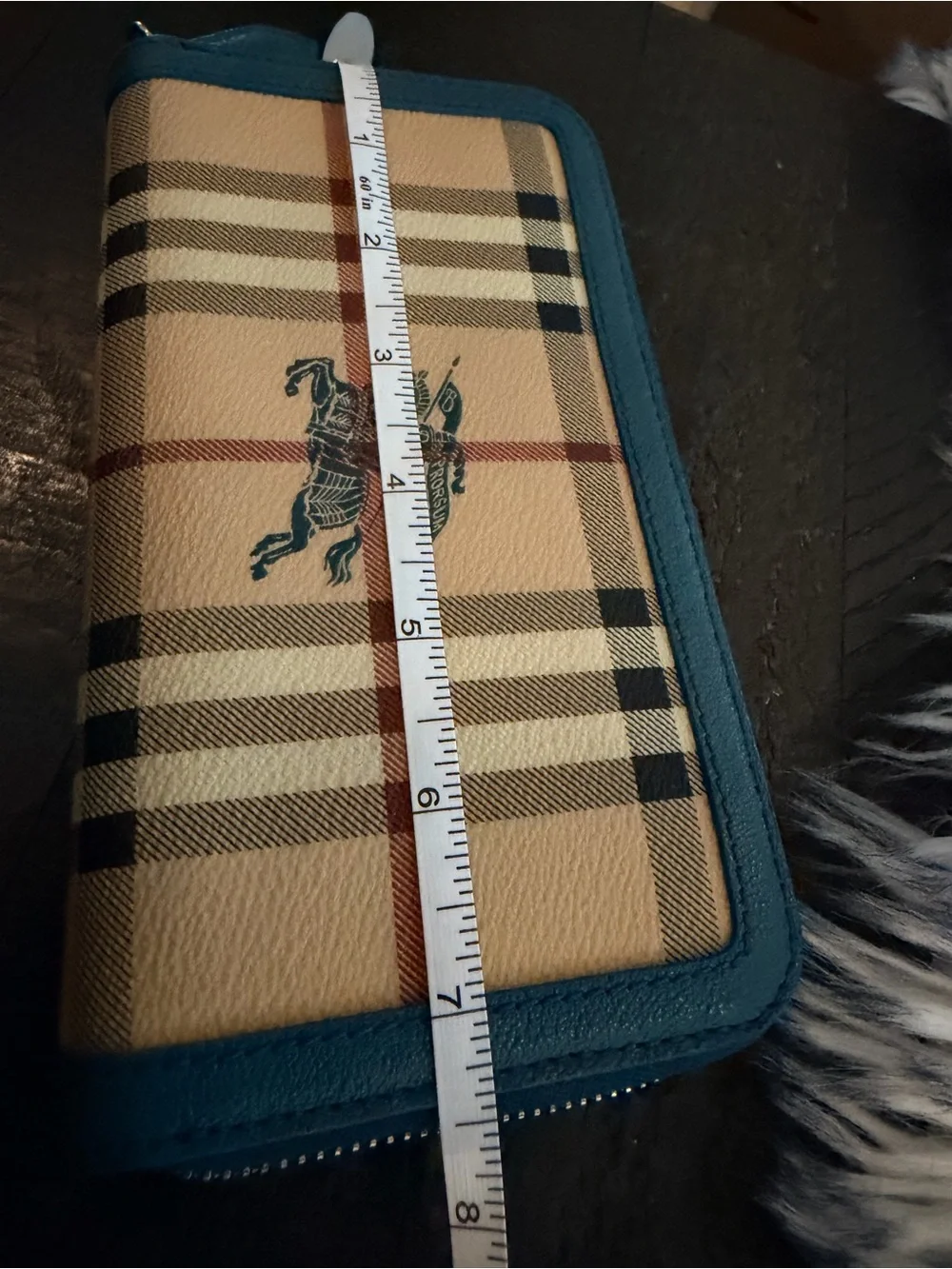 Burberry Plaid Zip-Around Wallet with Teal Green Trim
